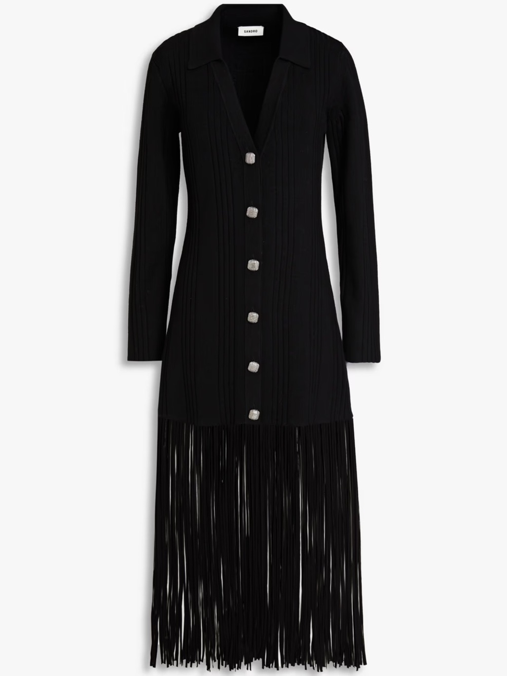 Sandro Black Long-Sleeve Knit Fringe Button Dress